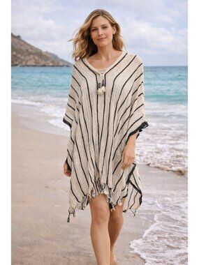 Michael Stars Linen Blend Poncho Cover Up with Fringe Tassels – One Size